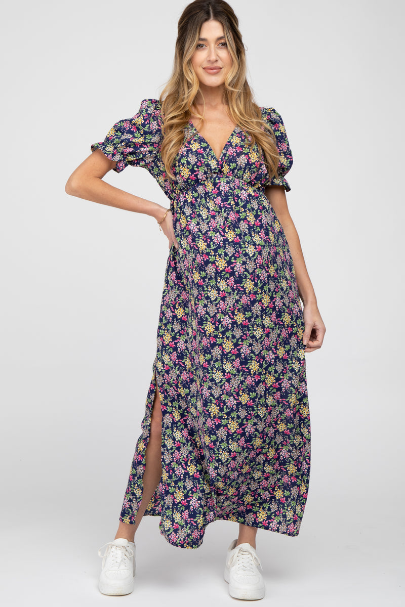 Navy Blue Floral Side Slit Maternity Maxi Dress– PinkBlush