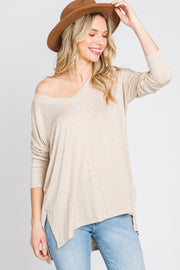 Beige V-Neck Hi-Low Long Sleeve Top