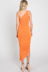 Orange One Shoulder Ruched Midi Dress