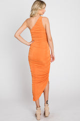 Orange One Shoulder Ruched Midi Dress