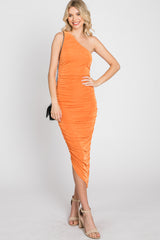 Orange One Shoulder Ruched Midi Dress