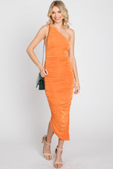 Orange One Shoulder Ruched Maternity Midi Dress