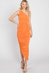 Orange One Shoulder Ruched Midi Dress