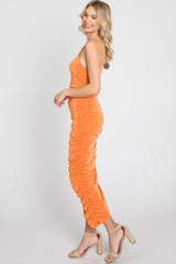 Orange One Shoulder Ruched Midi Dress