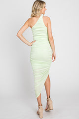 Lime One Shoulder Ruched Midi Dress