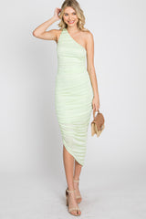 Lime One Shoulder Ruched Midi Dress