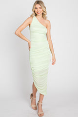 Lime One Shoulder Ruched Midi Dress