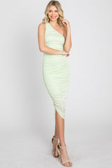 Lime One Shoulder Ruched Midi Dress