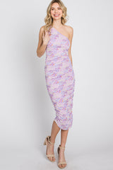 Lavender Floral Ruched Asymmetrical One Shoulder Dress