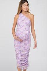 Lavender Floral Ruched Asymmetrical One Shoulder Maternity Dress