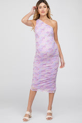 Lavender Floral Ruched Asymmetrical One Shoulder Maternity Dress