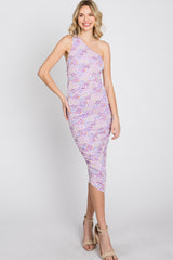 Lavender Floral Ruched Asymmetrical One Shoulder Dress