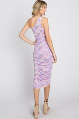 Lavender Floral Ruched Asymmetrical One Shoulder Dress