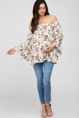 Ivory Floral Square Neck Ruffle Sleeve Maternity Top