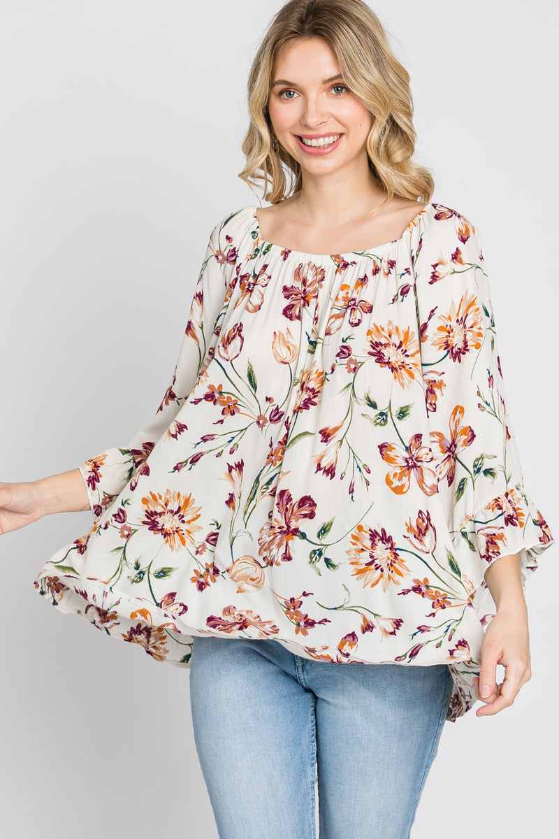 Ivory Floral Square Neck Ruffle Sleeve Top – PinkBlush