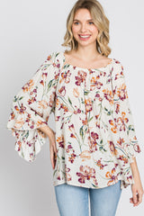 Ivory Floral Square Neck Ruffle Sleeve Top