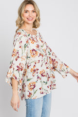 Ivory Floral Square Neck Ruffle Sleeve Top