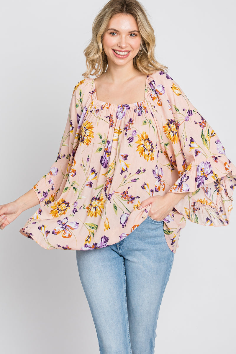 Light Pink Floral Square Neck Ruffle Sleeve Top – PinkBlush