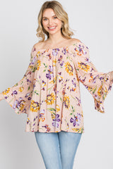 Light Pink Floral Square Neck Ruffle Sleeve Top