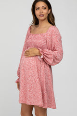 Red Floral Smocked Long Sleeve Maternity Dress