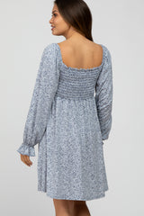 Blue Floral Smocked Long Sleeve Maternity Dress