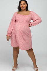 Red Floral Smocked Long Sleeve Maternity Plus Dress