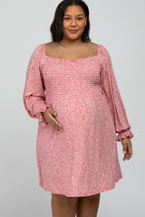 Red Floral Smocked Long Sleeve Maternity Plus Dress