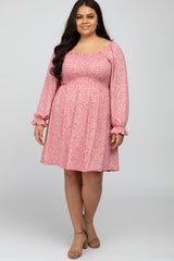 Red Floral Smocked Long Sleeve Maternity Plus Dress