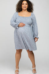 Blue Floral Smocked Long Sleeve Maternity Plus Dress