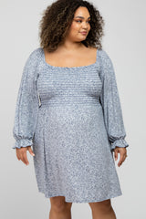 Blue Floral Smocked Long Sleeve Maternity Plus Dress