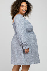 Blue Floral Smocked Long Sleeve Maternity Plus Dress