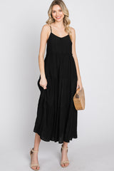 Black Button Front Tiered Midi Dress