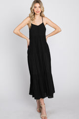 Black Button Front Tiered Midi Dress