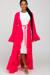 Fuchsia Bell Sleeve Ruffle Hem Tie Front Cover Up