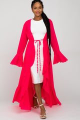 Fuchsia Bell Sleeve Ruffle Hem Tie Front Cover Up