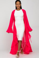 Fuchsia Bell Sleeve Ruffle Hem Tie Front Cover Up