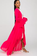 Fuchsia Bell Sleeve Ruffle Hem Tie Front Cover Up