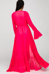 Fuchsia Bell Sleeve Ruffle Hem Tie Front Cover Up