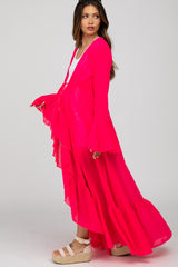 Fuchsia Bell Sleeve Ruffle Hem Tie Front Maternity Cover Up