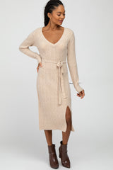 Beige Brushed Cable Knit Maternity Sweater Dress