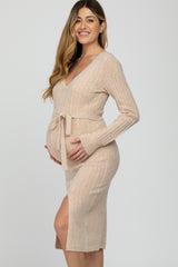 Beige Brushed Cable Knit Maternity Sweater Dress