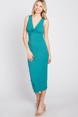 Teal Ribbed Twist Front Midi Dress