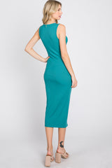 Teal Ribbed Twist Front Midi Dress