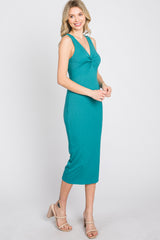 Teal Ribbed Twist Front Midi Dress