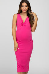 Fuchsia Ribbed Twist Front Maternity Midi Dress