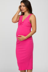 Fuchsia Ribbed Twist Front Maternity Midi Dress