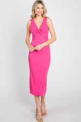 Fuchsia Ribbed Twist Front Midi Dress