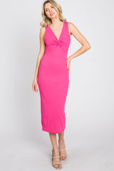 Fuchsia Ribbed Twist Front Midi Dress