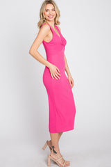 Fuchsia Ribbed Twist Front Midi Dress