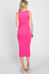 Fuchsia Ribbed Twist Front Midi Dress